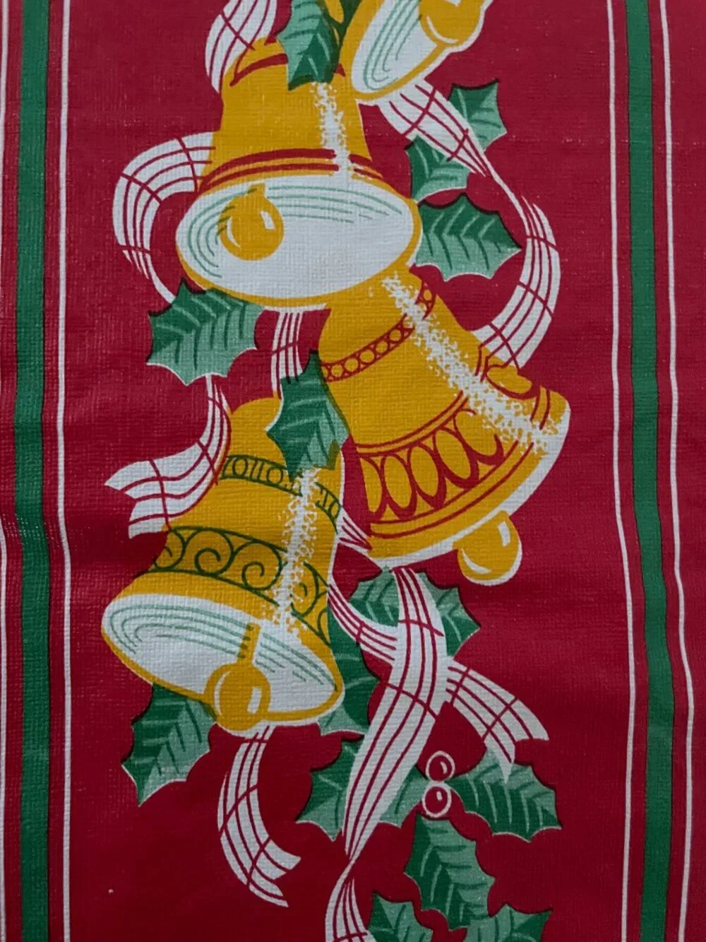 Vintage Vinyl Flannel Back Christmas Bells Tablecloth Holiday